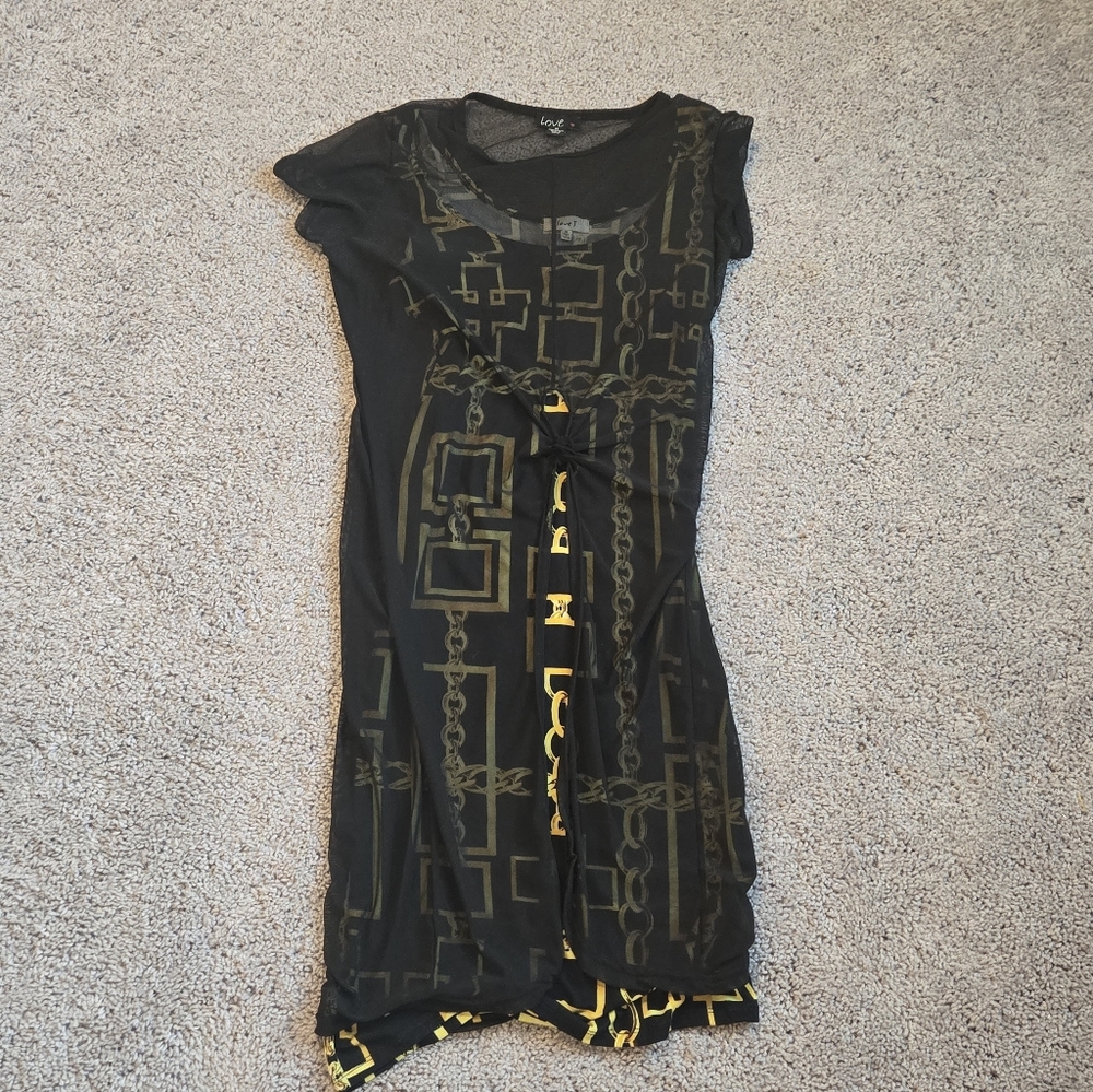 Chic Black and Gold Chain Print Dress Womens Size Medium